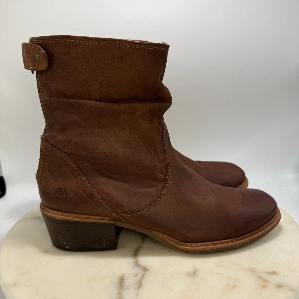 Timberland Sutherlin Bay Mid Back Zip Brown Leather Slouch Ankle Boots Women 10